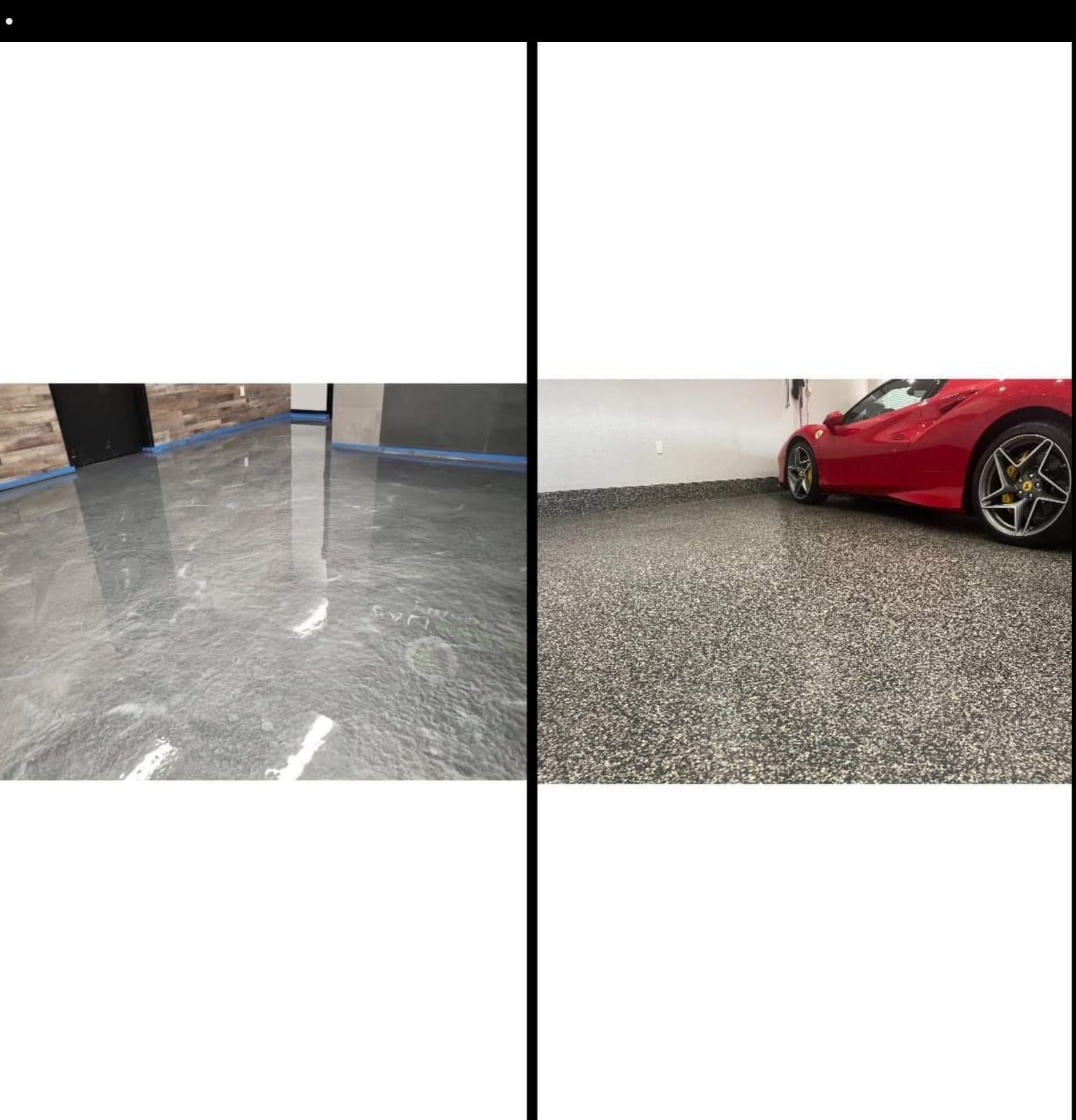 Metallic epoxy floor and flake epoxy garage floor side by side