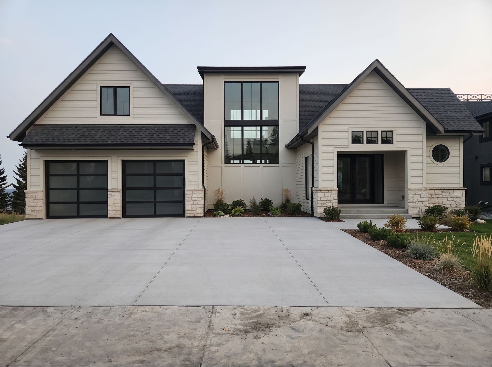 AI visualization of the same house completed with light siding and dark roof finishes